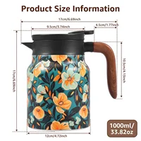 Théière vintage à motif floral, 33,82 oz, en acier inoxydable isolé sous vide, avec infuseur amovible et poignée en bois pour 2