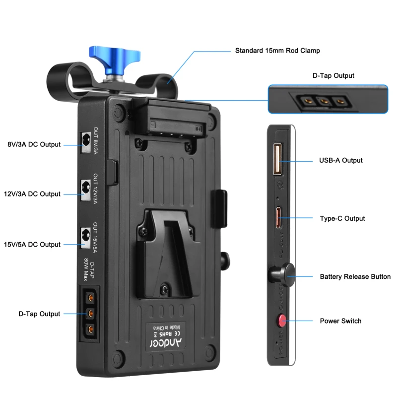Andoer V Lock 배터리 어댑터 플레이트 V 마운트 배터리 플레이트 65W PD 고속 충전 암 8V/12V/15V DC 출력 D-Tap 출력 액세서리