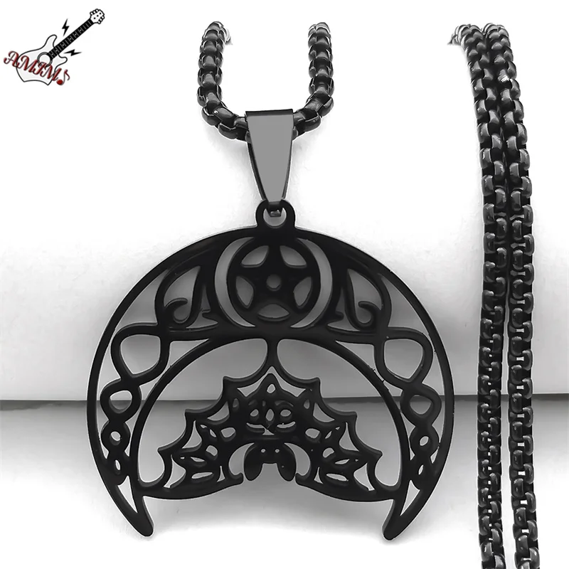 Gothic Bat Pentagramm Mond Halskette für Frauen Männer Edelstahl Schwarz Farbe Hexe Crescent Kette Schmuck kragen hombre N9742S06 – Detail 9