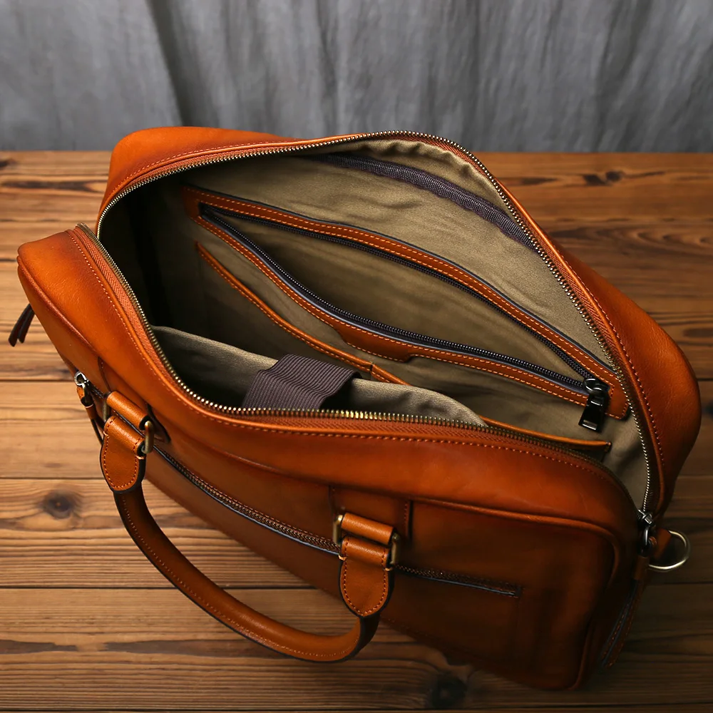 NZPJ Men's Vintage Genuine Leather Briefcase Top Layer Cowhide Handbag Business Crossbody Computer Bag  Casual Crossbody Bag