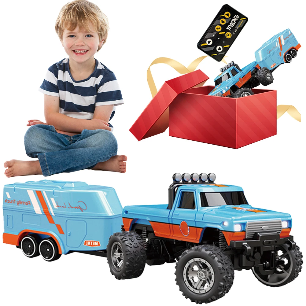 Mini RC Monster Truck with Lights & Trailer Remote Control Truck USB-C Rechargeable Adjustable Speed/Steering Children Toy Gift 2