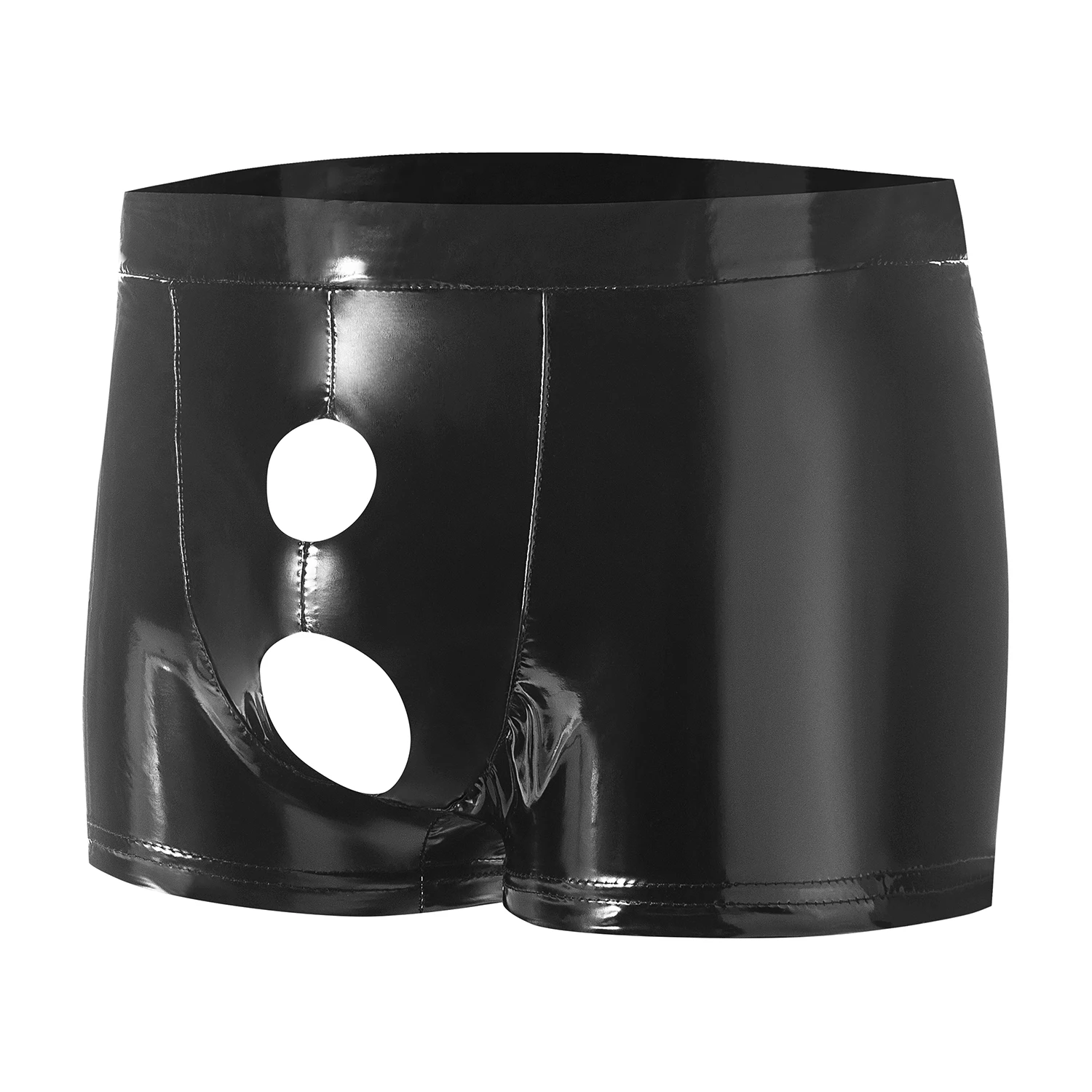 Mens Sexy Below Open Crotch Boxer Shiny Leather Lingerie Underpants Elastic-wasit Male Short Latex Pants Bulge Pouch Crotchless