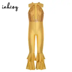 Kids Girls Shiny Sequins Hippie Costume 70s 80s Disco Clothing Bell Bottom Dance Jumpsuit Jazz Latin Stage Performance Dancewear