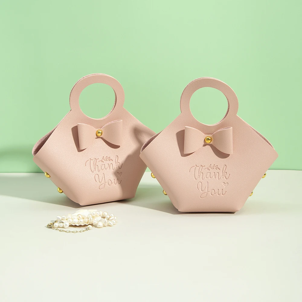 

Leather Wedding Candy Gift Bags with Handle Thank You Logo Reusable Party Favor Bow Tie Box for Baby Showers Birthday Christmas