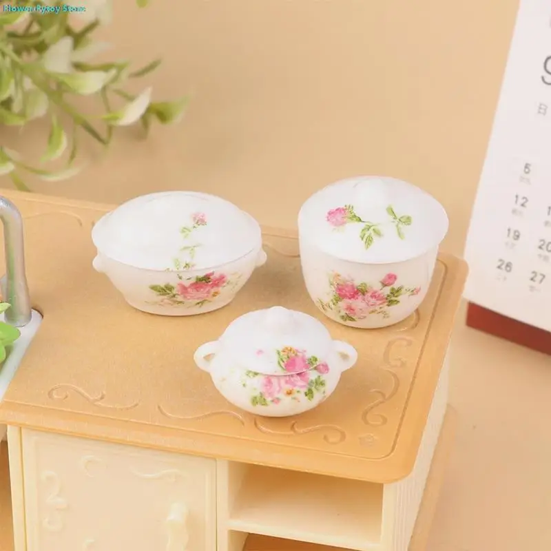 

3PCS/1Set 1:12 Dollhouse Miniature Cooking Soup Pot Stew Cup with Cover Tableware Model Kitchen Decor Toy Doll House Accessories