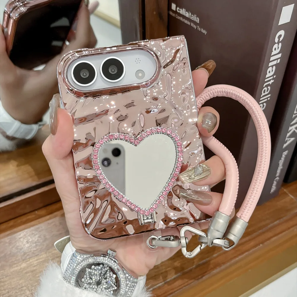 Elegant Heart Mirror Diamond Stand Case with Lanyard - Shockproof and Durable Cover