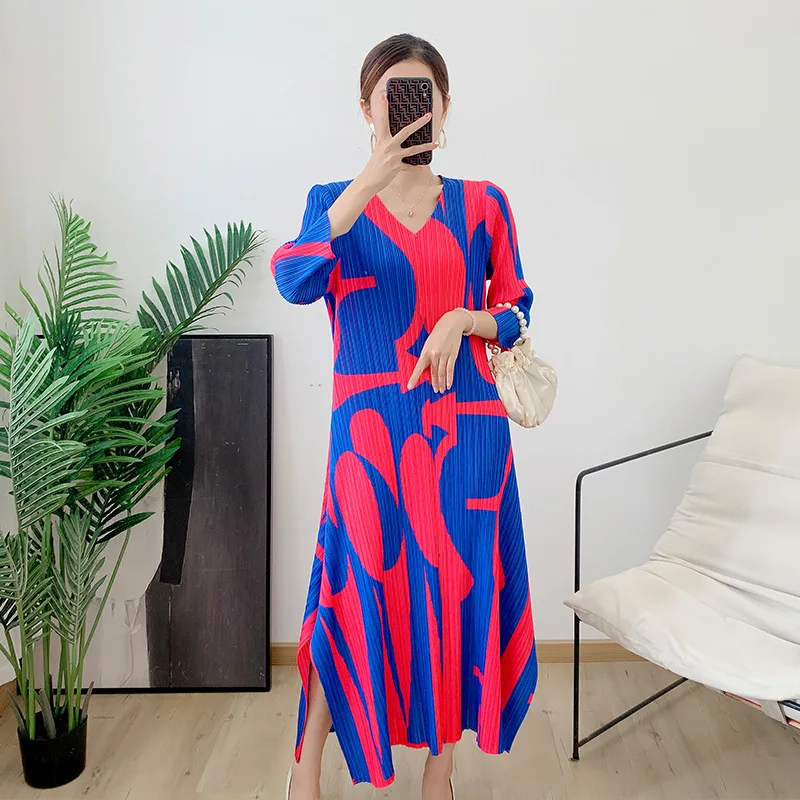 

Плиссированное Платье, Новинка осени 2022, плиссированное длинное платье, модное темпераментное приталенное платье большого размера с принтом