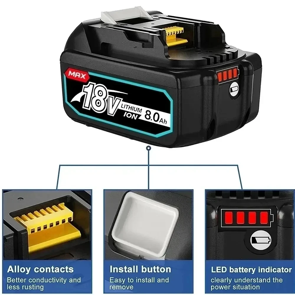 Makita 18V 8.0Ah Rechargeable Li-ion Battery For Makita Power Tool 18 v Batteries BL1840 BL1850 BL1830 BL1860B LXT 400 + Charger