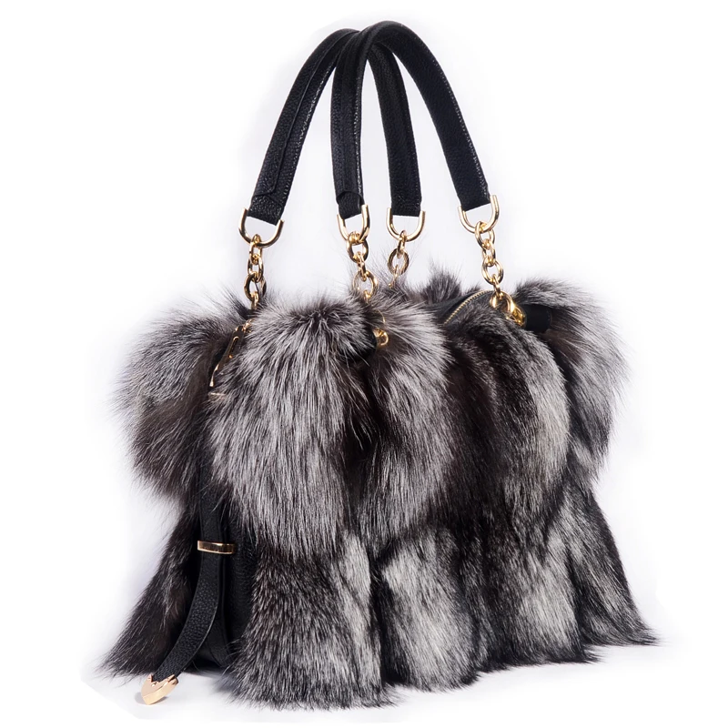 Real Fox Fur Bag Women Luxury Handbags Plush Bag Brand Party Shoulder Bag Ladies Hand Bags Designer Evening Bag Fur Leather Tote