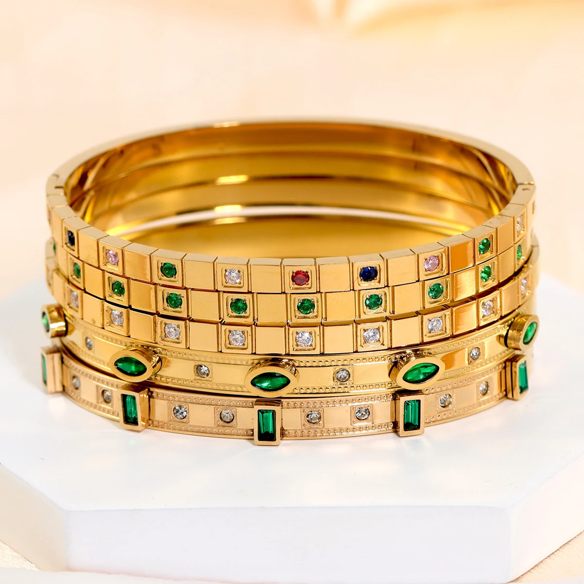 Stainless Steel Bracelet Trendy Chic Gold Color Simple 316L Stainless Steel Bangles Bracelets for Women Charm Colored Zircon Waterproof Jewelry Gift