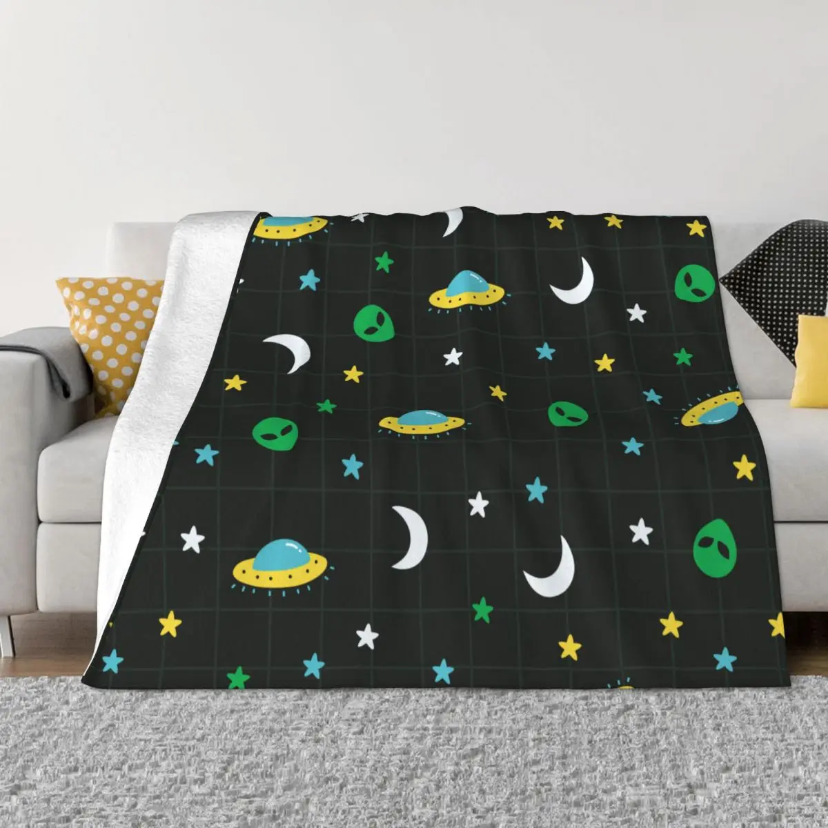 

Alien Ufo Moon Star Outer Space Pattern Blanket Flannel Winter Multifunction Lightweight Thin Throw Blanket for Office Rug Piece