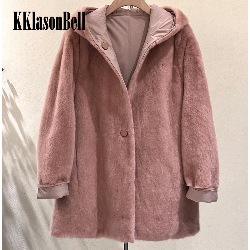 

11.1 KKlasonBell Luxury Mink Fur Hooded Comfortale Reversible Real Fur Coat Women