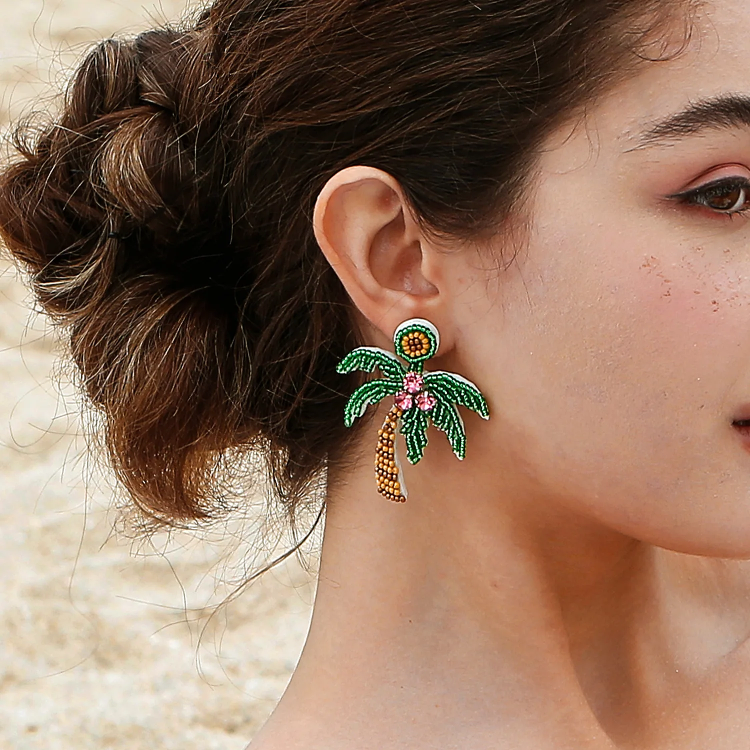 ‌Palm Tree Earrings Ocean Beach Vacation Style Hand Braided Rice