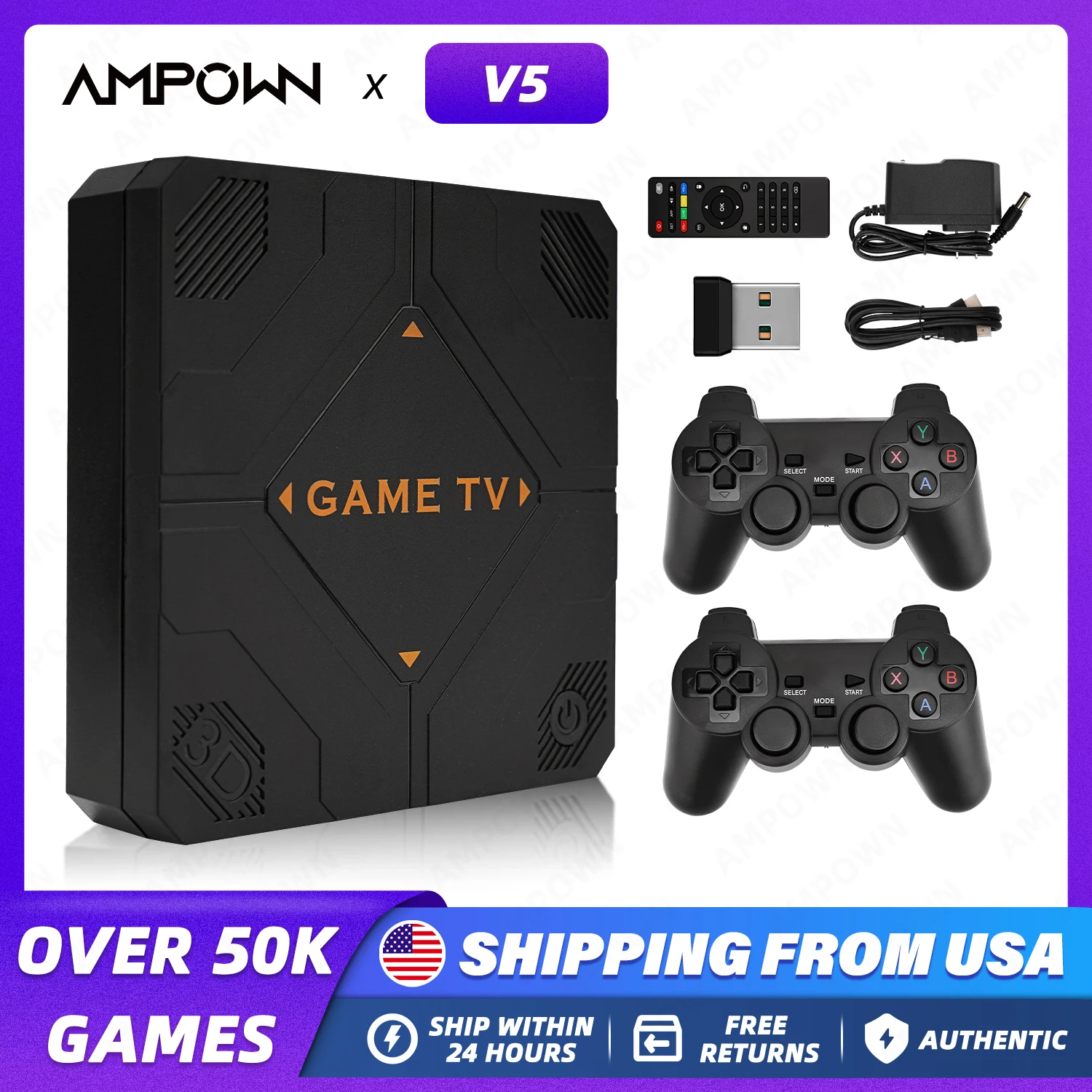 AMPOWN V5 Video Game Console 4K Game TV Box 2.4G Wireless Controllers Dual Handles Portable Home Games Console 40000 Retro Games