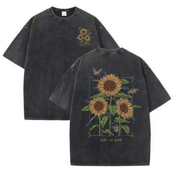 Lift Is Good Beautiful Sunflower Print Washed T Shirts Women Soft Cotton T-Shirt Street Creative Short Sleeve Summer Casual Tops 1