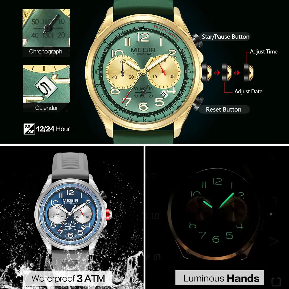 MEGIR Fashion Canvas strap Sport Quartz Watch Olive Green Waterproof Luminous Chronograph Wristwatch with Date Silicone Strap images - 6