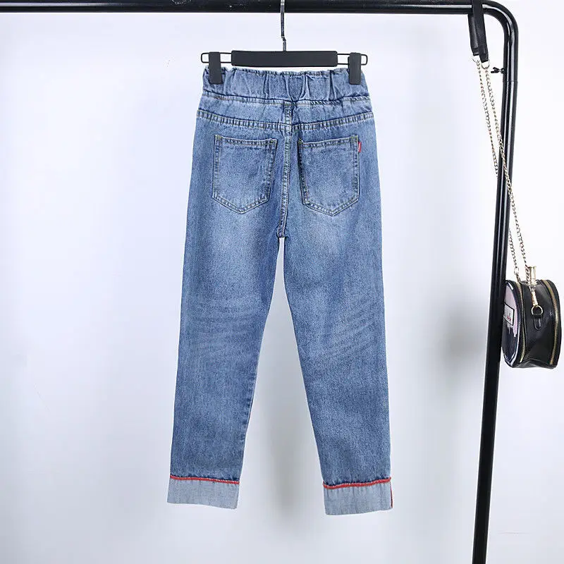 Elastic High Waist Baggy Pants Women Ripped Jeans Hole Light Wash Denim Wide Leg Trousers 2022 Summer Fashion Cuffs Streetwear