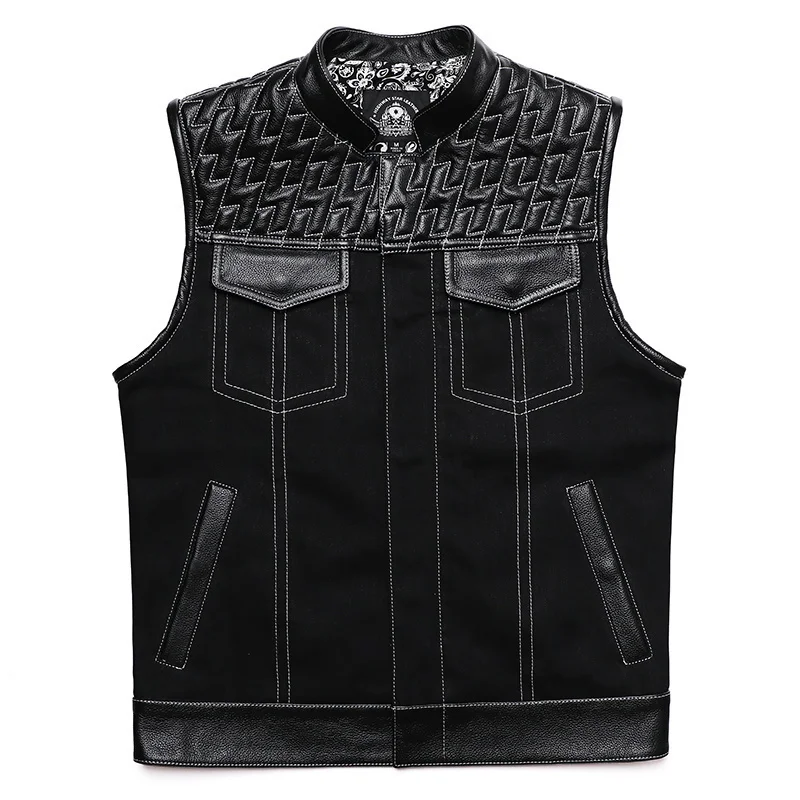 

SOA Club Style Motorcycle Leather Vest Men Cowhide Denim Patchwork Waistcoat Sons of Anarchy Biker Vests Man Sleeveless Jacket