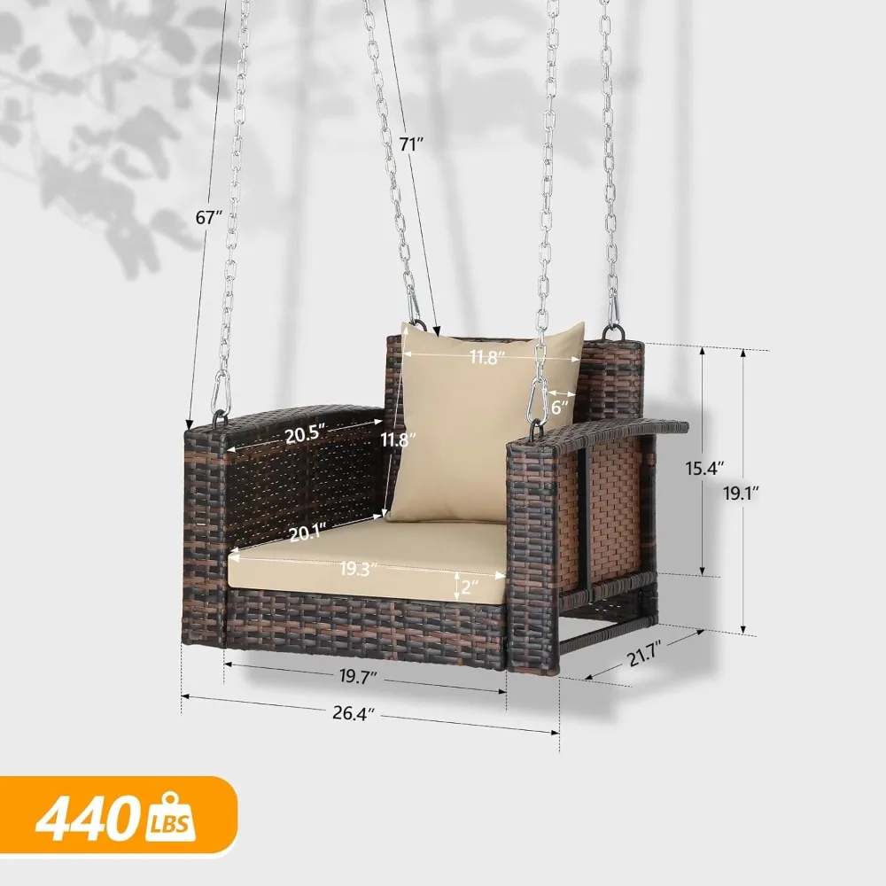 2.2 FT 1-Person Use Rattan Porch Swing Outdoor Support 440 LBS with Cushions & Adjustable Chains, Patio Wicker Swing Bench Chair 2