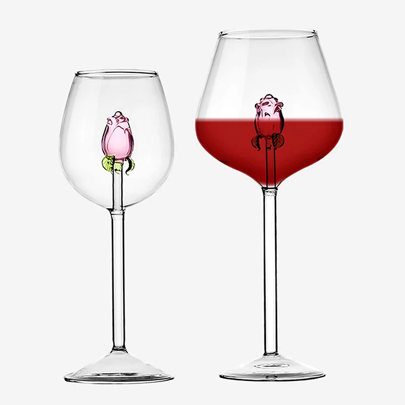 1*Rose Cocktail Glass Creative 3D Pink Glass Rose Built-in Wine Goblet Champagne Home Cute Gift Rose Flower Cocktail