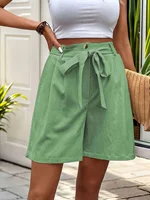 Green Women's Oversized Woven Solid Color Casual Shorts Comfortable Loose Fit High Waist Knee-Length Summer Fashion Green - Image 4