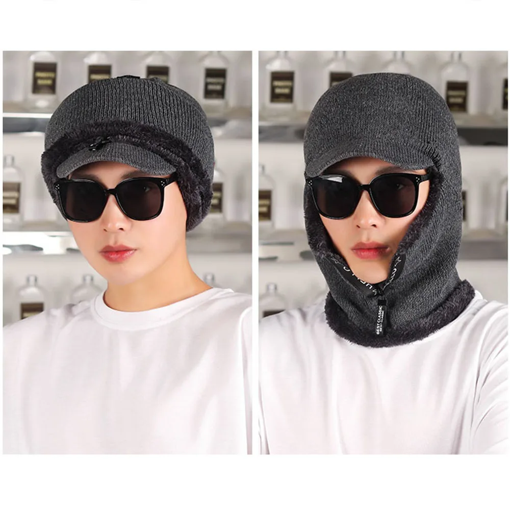 

Outdoor Ear Protection Hats Zipper Visors Cap Warm Thick Bicycle Knitted Cap Knitted One Piece Hat Outdoor Winter Warm Wool Hat