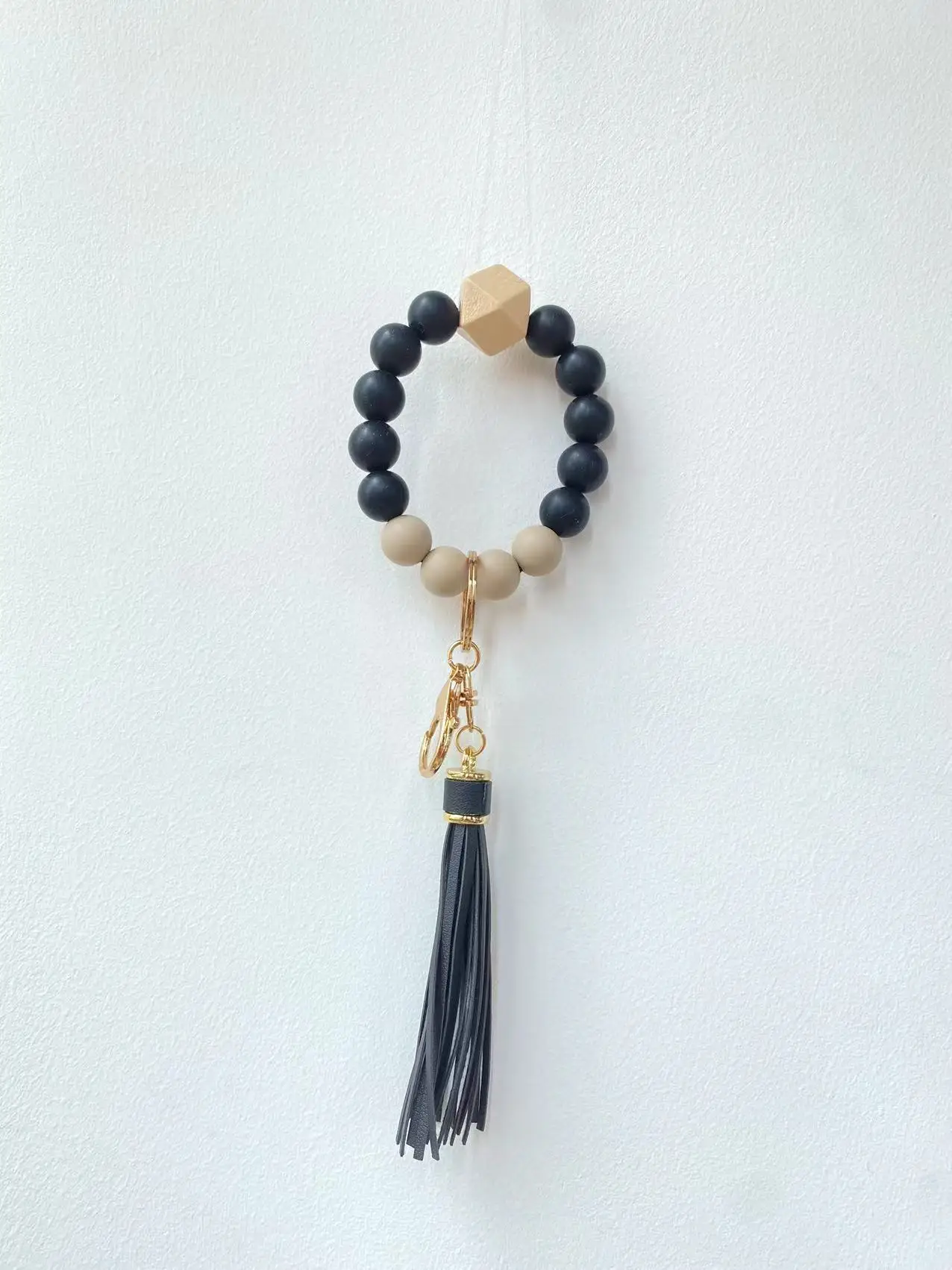 Portachiavi Braccialetto In Silicone E PU Nappa - Regalo Per Donna, Con Perline Di Legno - Foto 2