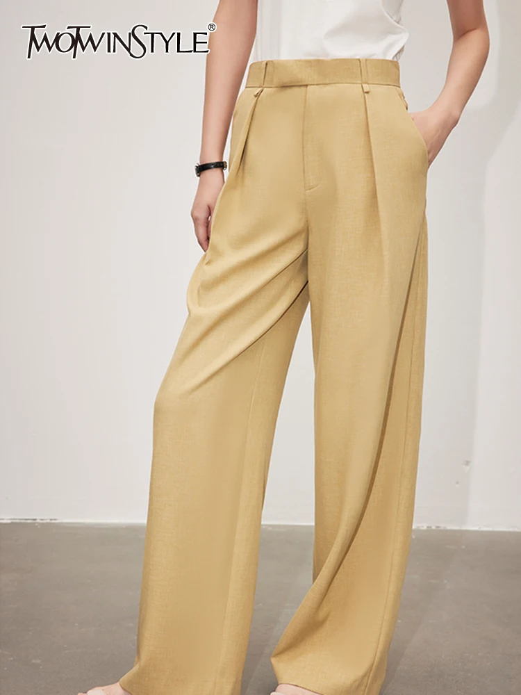

TWOTWINSTYLE Solid Spliced Folds Pants For Women High Waist Patchwork Pockets Minimalist Elegant Pant Female Fashion Clothes New