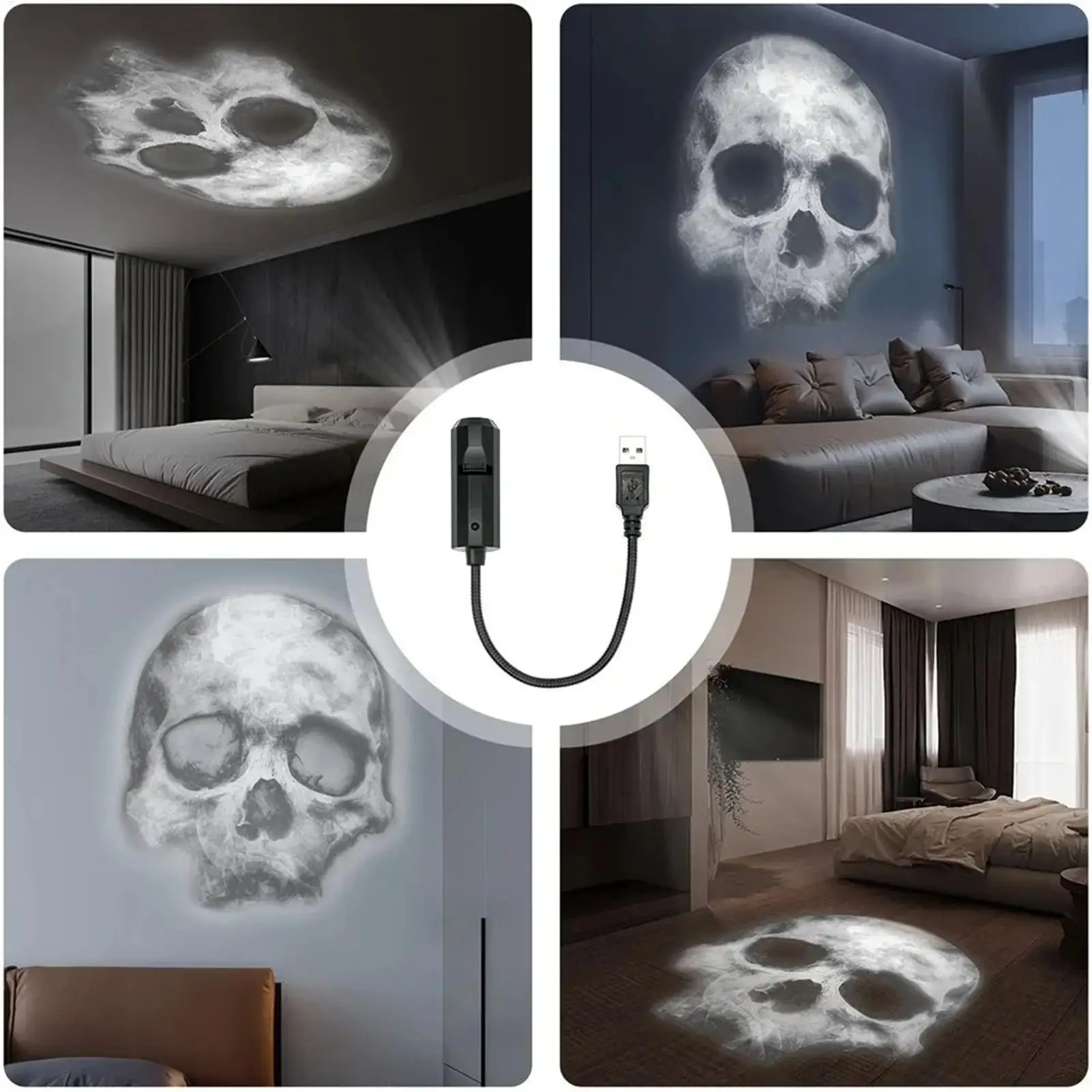 Halloween Skull Projector Lamp Magnetic 3 Modes Scary Handprint Grimace Skull Shaped LED Night Light USB Rotatable Projector