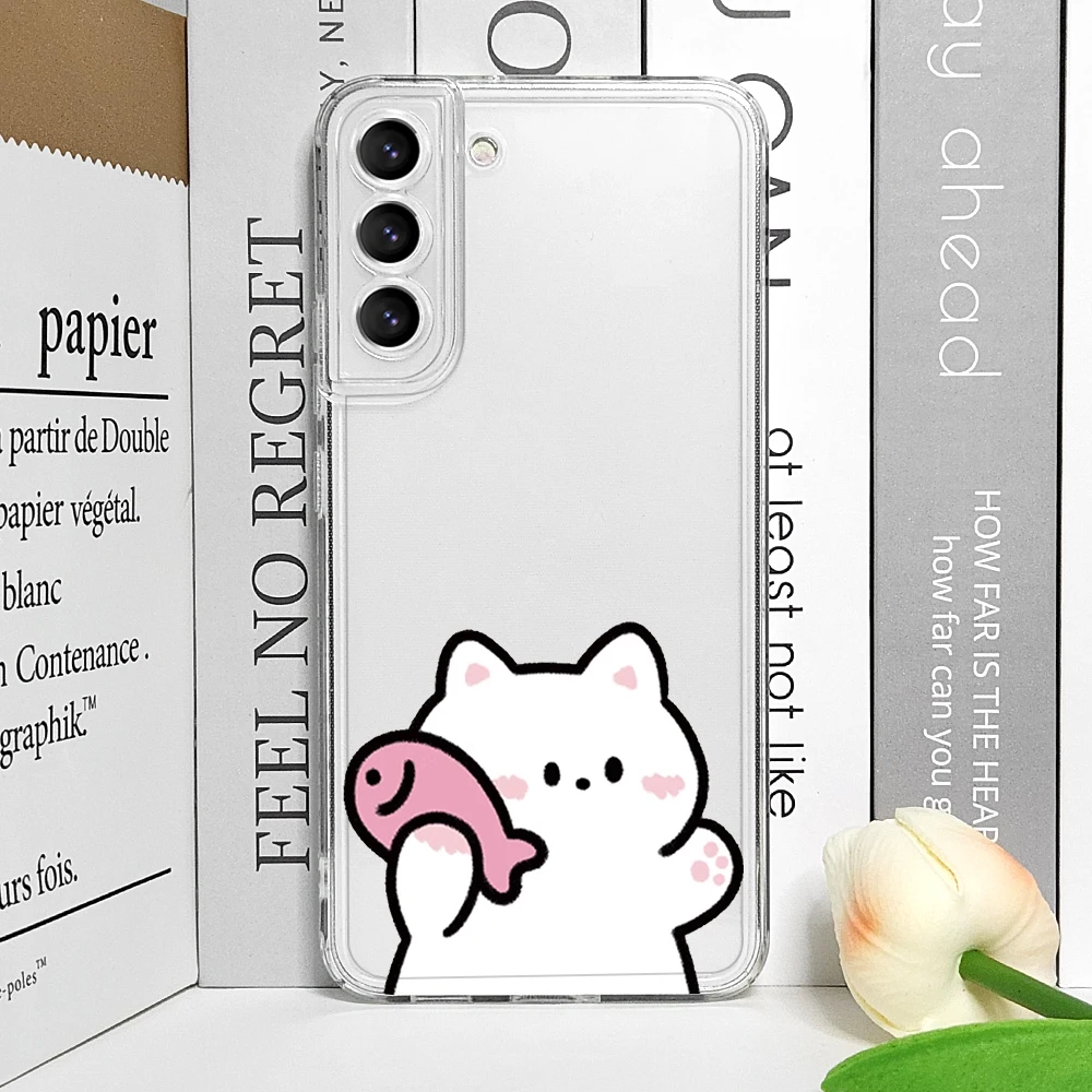 Whimsical Cartoon Cat & Fish Couple Clear Soft Phone Case