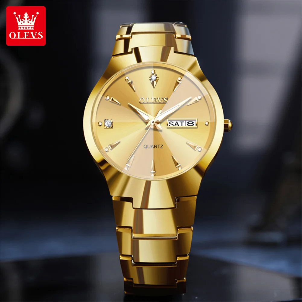 OLEVS 8697 Man Watch Classic Business Quartz Watch For Men Tungsten Steel Strap Dual Calendar Luxury Wristwatch Rhombus Mirror