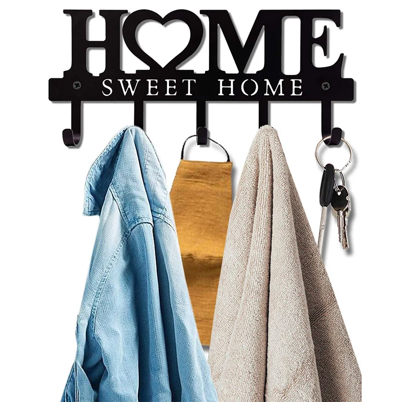 

Wall-mounted Keys Holder Sweet Home Black Metal Storage Organizer Coat Rack Clothes Towel Hanging Hooks Home Hangers Decoration
