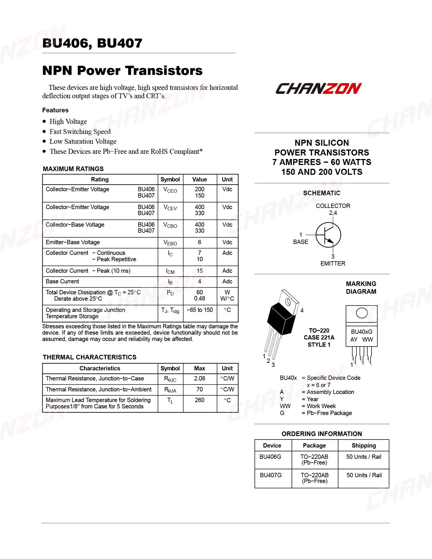 BU406 TO-220 NPN High Power Voltage Transistor Bipolar Junction BJT Powerful Triode Tube Fets 7A 200V Integrated Circuits 10pcs