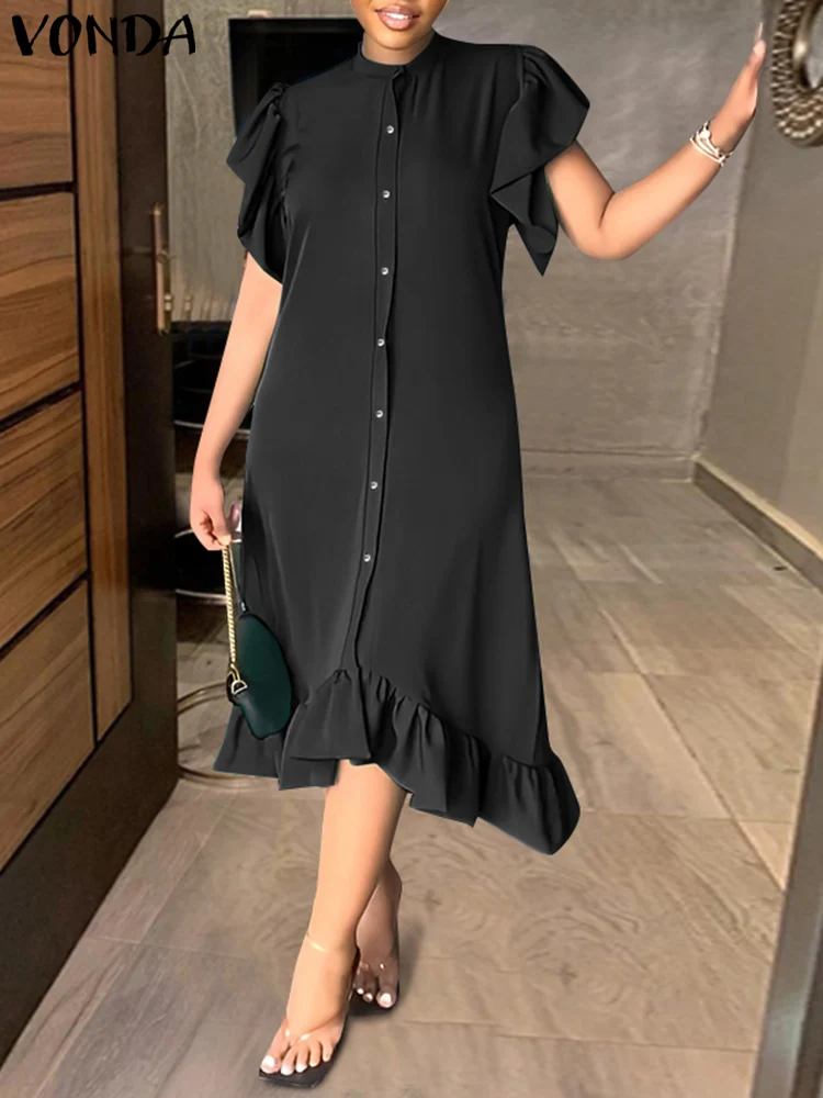 

VONDA 2023 Summer Bohemian Dress Women Short Sleeve Long Shirt Ruffled Sundress Stand Collar Solid Casual Loose Button Vestido