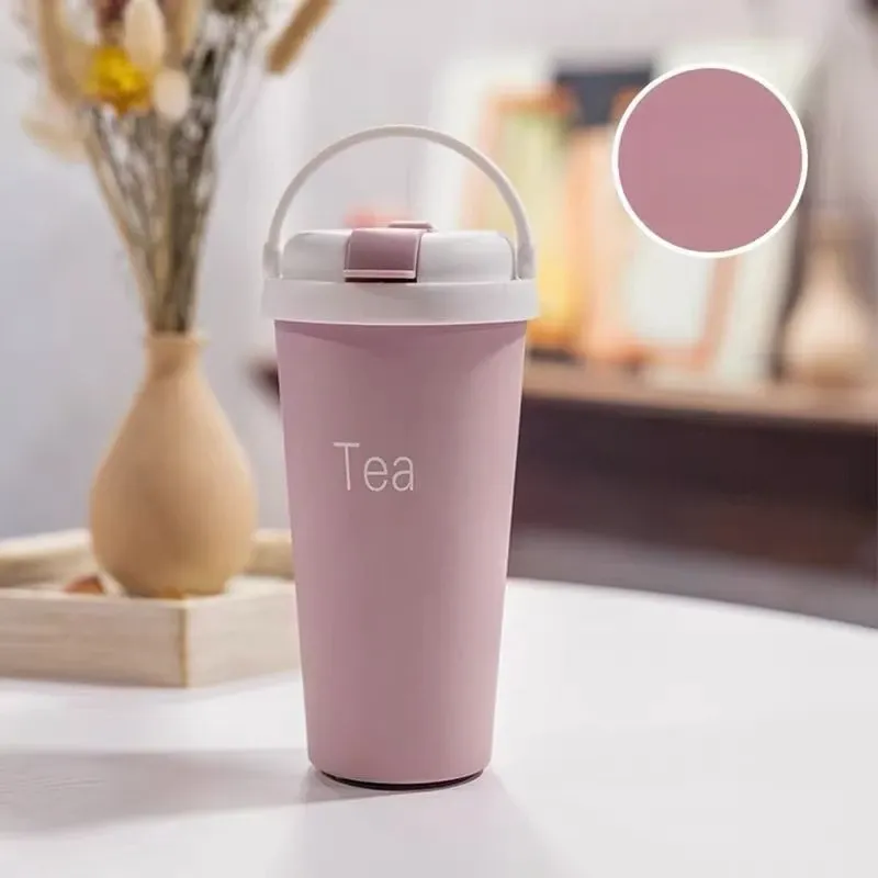 Water bottle Stainless Steel Tumbler with Straw Handle Portable Thermal Coffee Cup for Car Office Gift