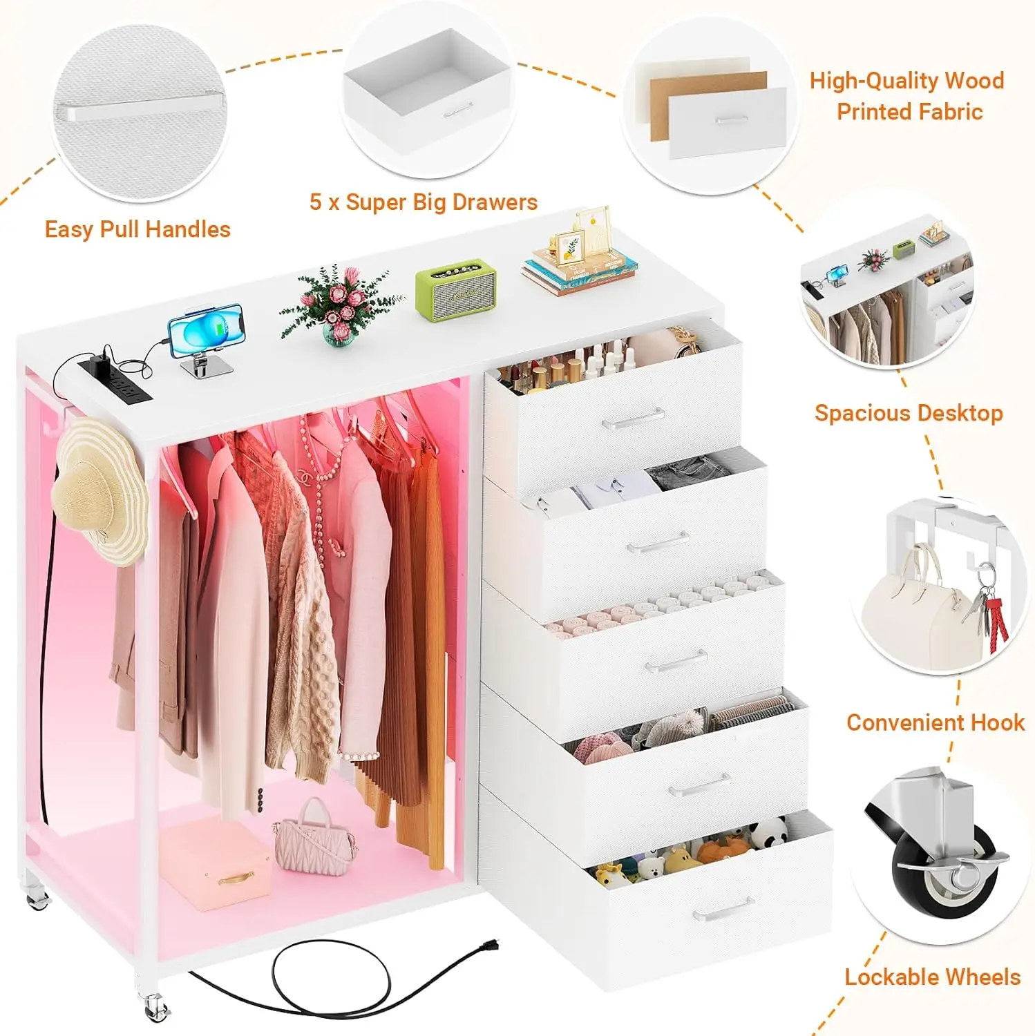 Dresser with Clothes Rack, 5 Drawers Dresser with Charging Station & LED Lights, White Storage Unit, Closet
