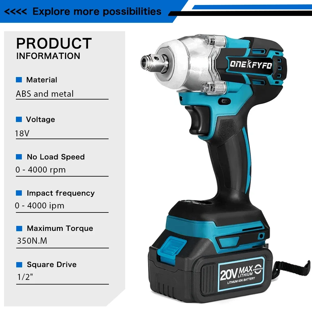 2 in 1 350N.m Electric Brushless Cordless Wrench 1/2 Screwdriver Li-ion Battery Impact Drill Power Tool For Makita 18V Battery 2