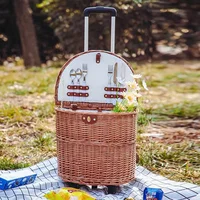 Outdoor Pull Rod Type Picnic Basket Container Multi-function Rattan Weave Picnic Carrier with Wheels Semi-circular Food Storage 2