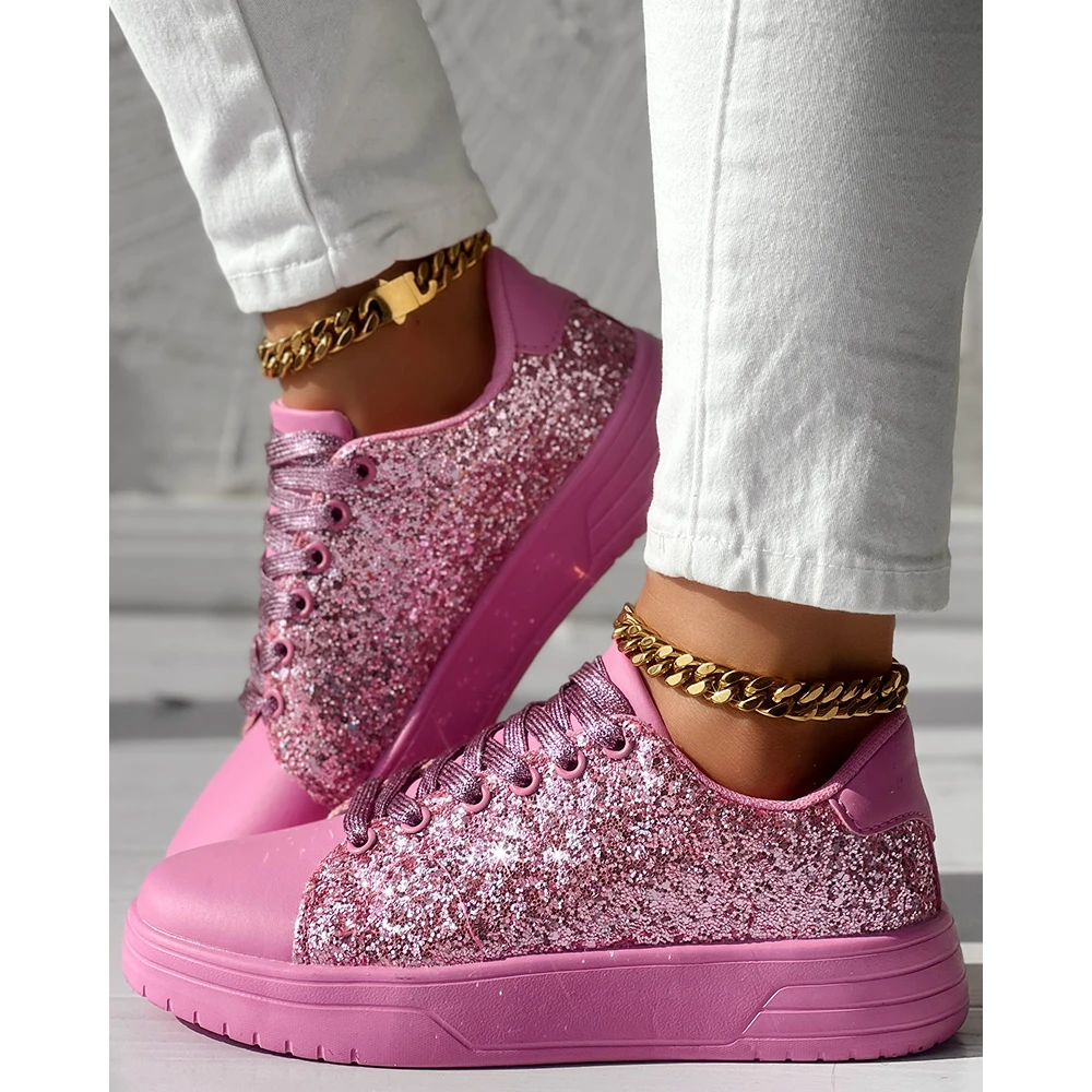 Bling Bling Sequins Decor Lace-up Flats Sneakers for Women Daily Casual Round Toe Pink Sports Shoes Spring Going Out Flats