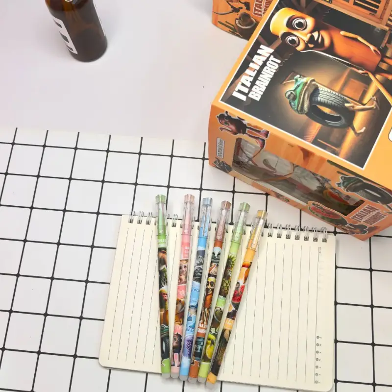 12pcs Tung Tung Sahur Italian Brainrot Wooden Stick Gel Pen Cartoon Signature Pen Individually Packaged Student Stationery Gift - Image 6