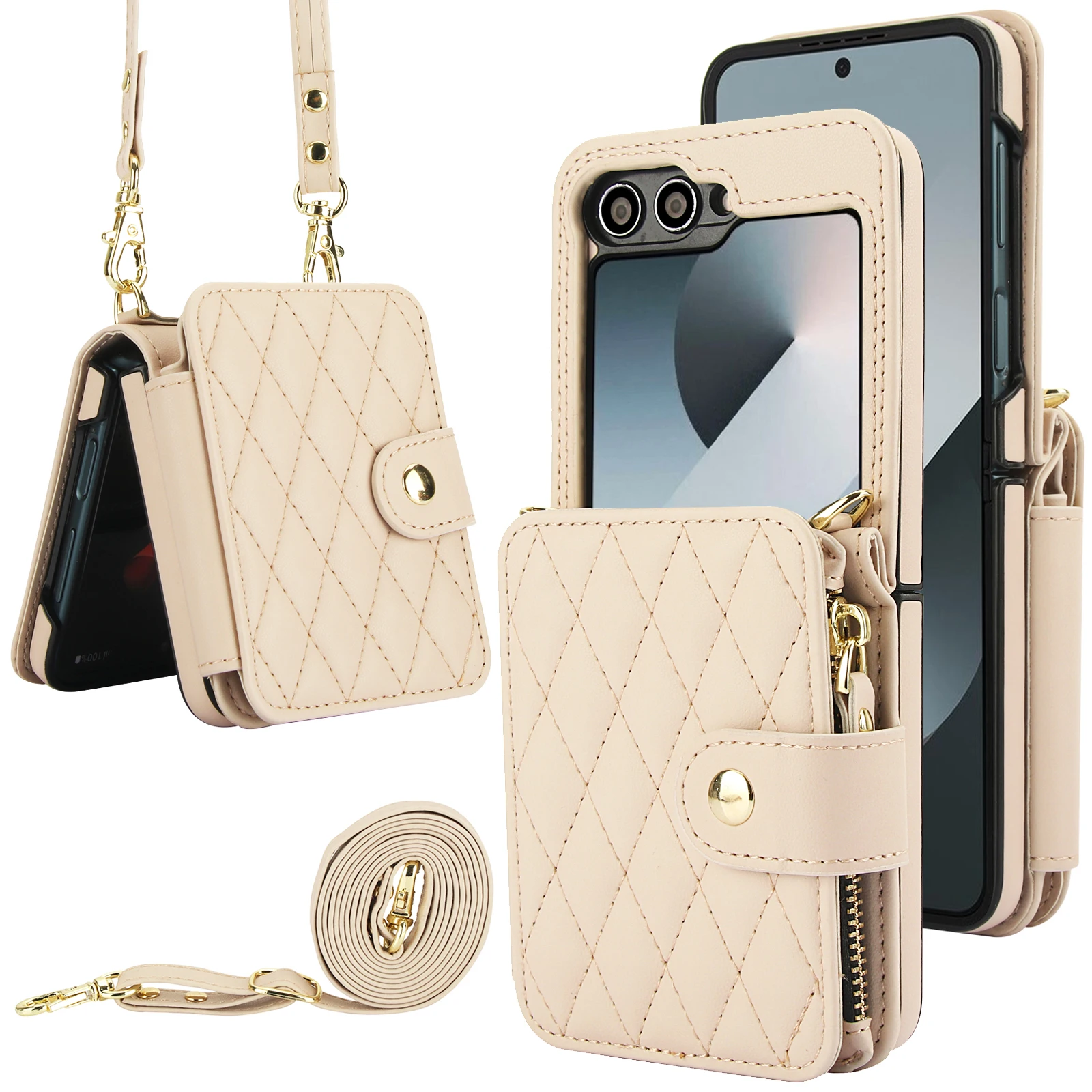 Crossbody Leather Wallet Case with Zipper and Card Slots - Grid Pattern and Long Lanyard