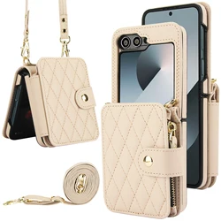 Crossbody Leather Wallet Case with Zipper and Card Slots - Grid Pattern and Long Lanyard - Z Flip 7FE (Beige)