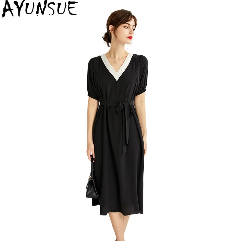 

AYUNSUE 100% платье из шелка тутового шелкопряда для женщин модное летнее платье французское элегантное женское платье черное платье на шнуровке Vestidos