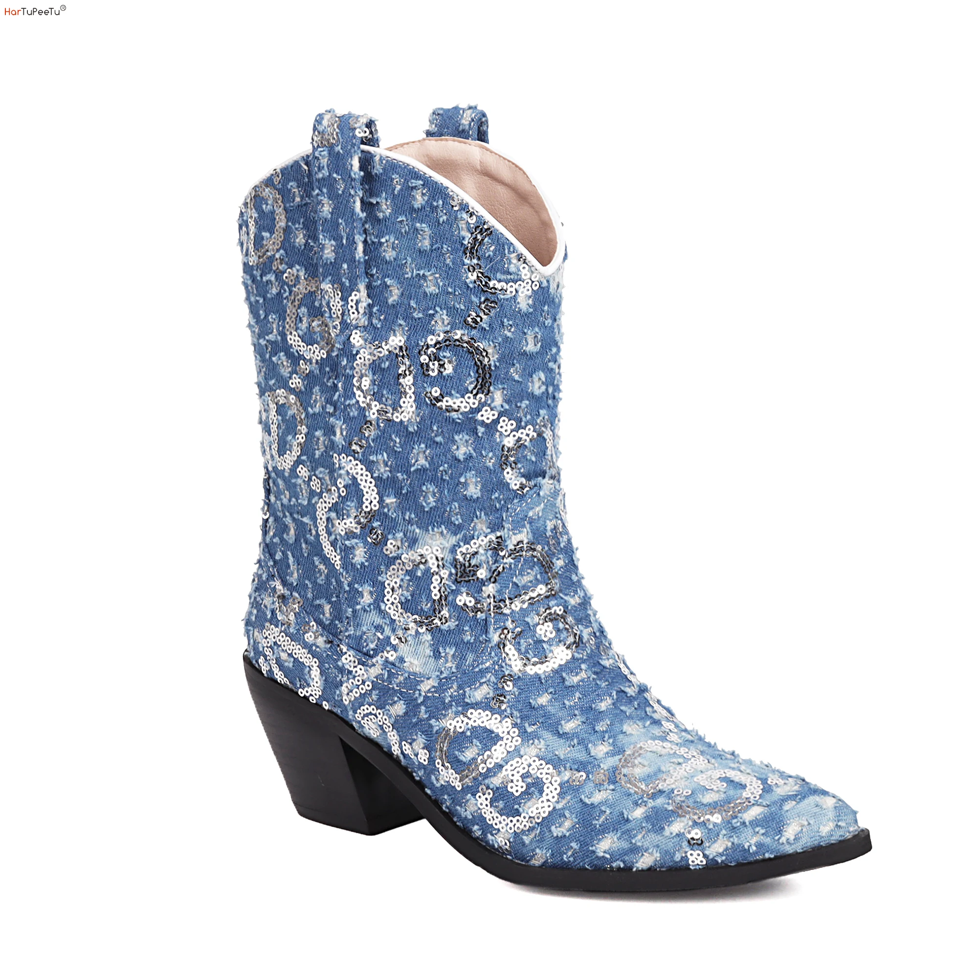 

Autumn Women Western Boots Cowboy Retro Blue Ankle Boots Denim Fashion Bling Sequin Letters Decor Shoes Chunky Heels Footwear