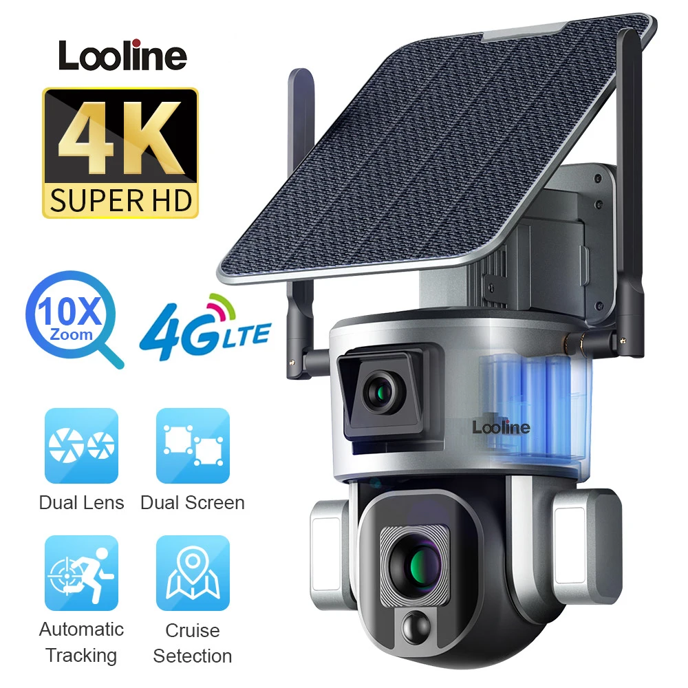 LOOLINE 4K HD Solar Security Outdoor 4G Camera Dual Lens 10X