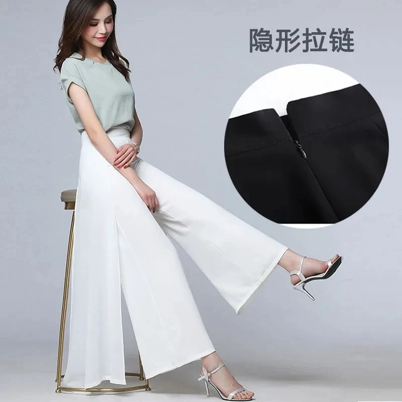 Gamba Larga Plissettati In Chiffon Con Vita Elastica Pantaloni