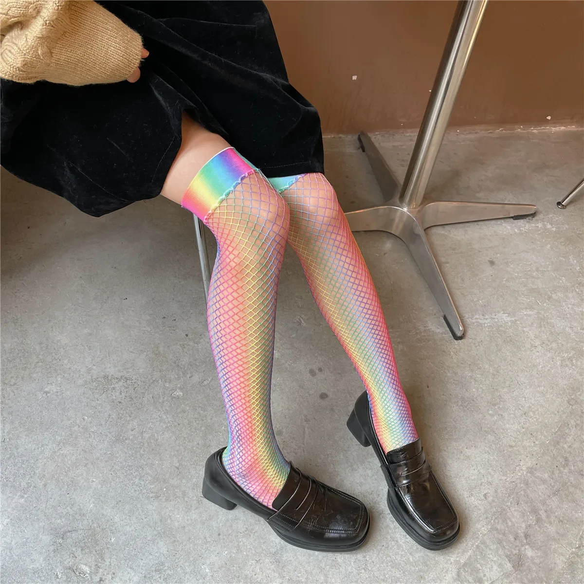 

Fashion Fishnet Stockings Women Rainbow Thin High Knee Socks Female Sexy Elastic Mesh Stocking Calcetine Media