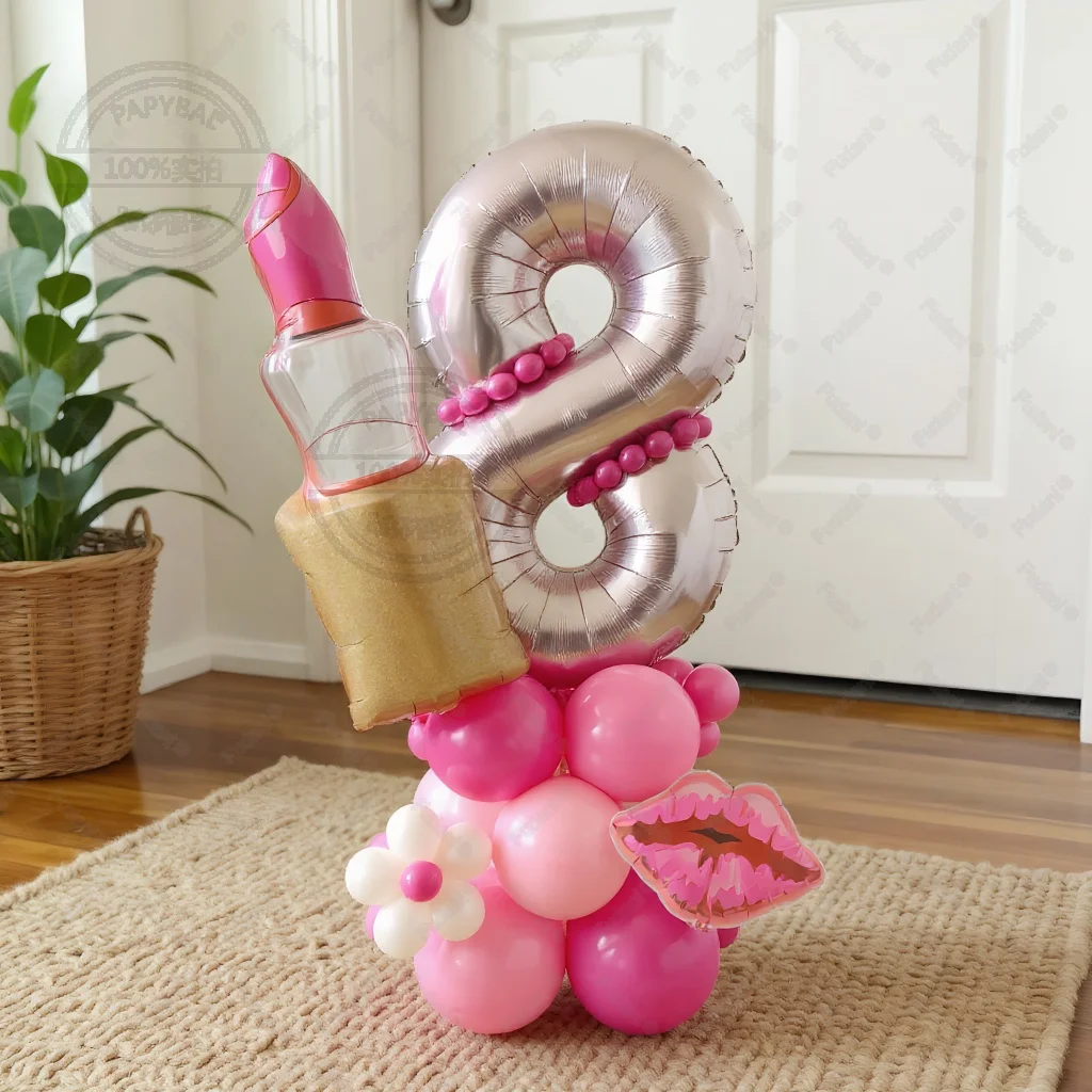31pcs Pink Makeup Theme Balloon Set Lipstick Aluminum Foil Balloon Birthday Single Bride Party Anniversary Decoration Supplies