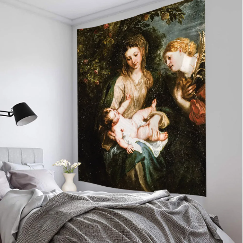 Description Picture 6 of itemVintage oil painting tapestry Christmas scene Jesus angel Easter wall hanging Christ art home living room bedroom decoration