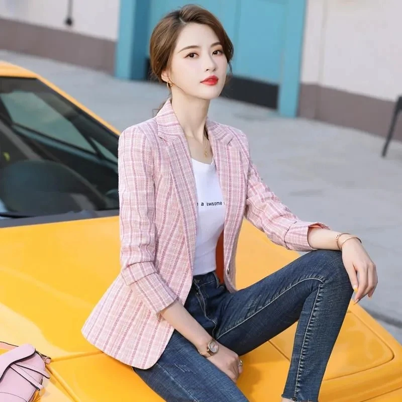 Spring Autumn Casual Women Blazer Lady Office Work Suit Slim Plaid Jacket Long-Sleeved One Button Women's Blazers Clothing New